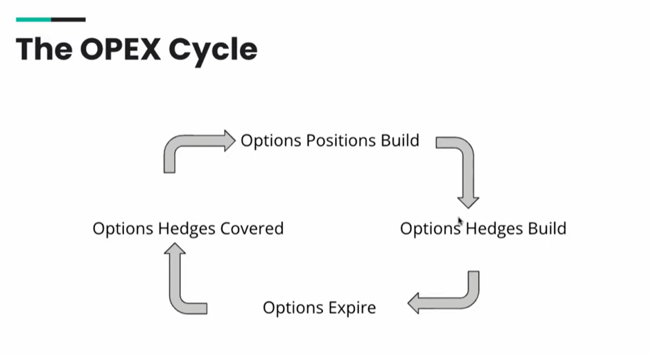 Der OPEX-Zyklus als Kreislauf: Positionsaufbau, Hedge-Aufbau, Optionsverfall und Hedge-Auflösung — die vier Phasen rund um den dritten Freitag